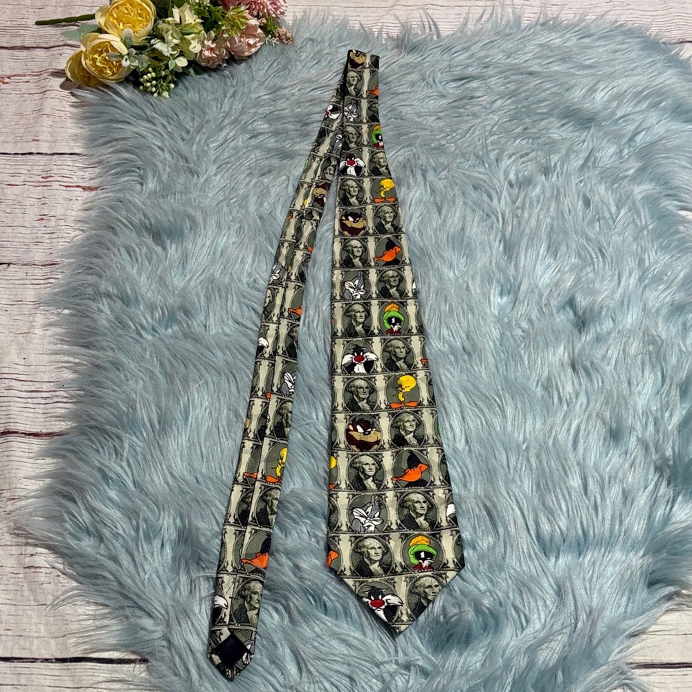 Vintage 90s Looney Tunes Mania Character Graphic Dollar Money Tie